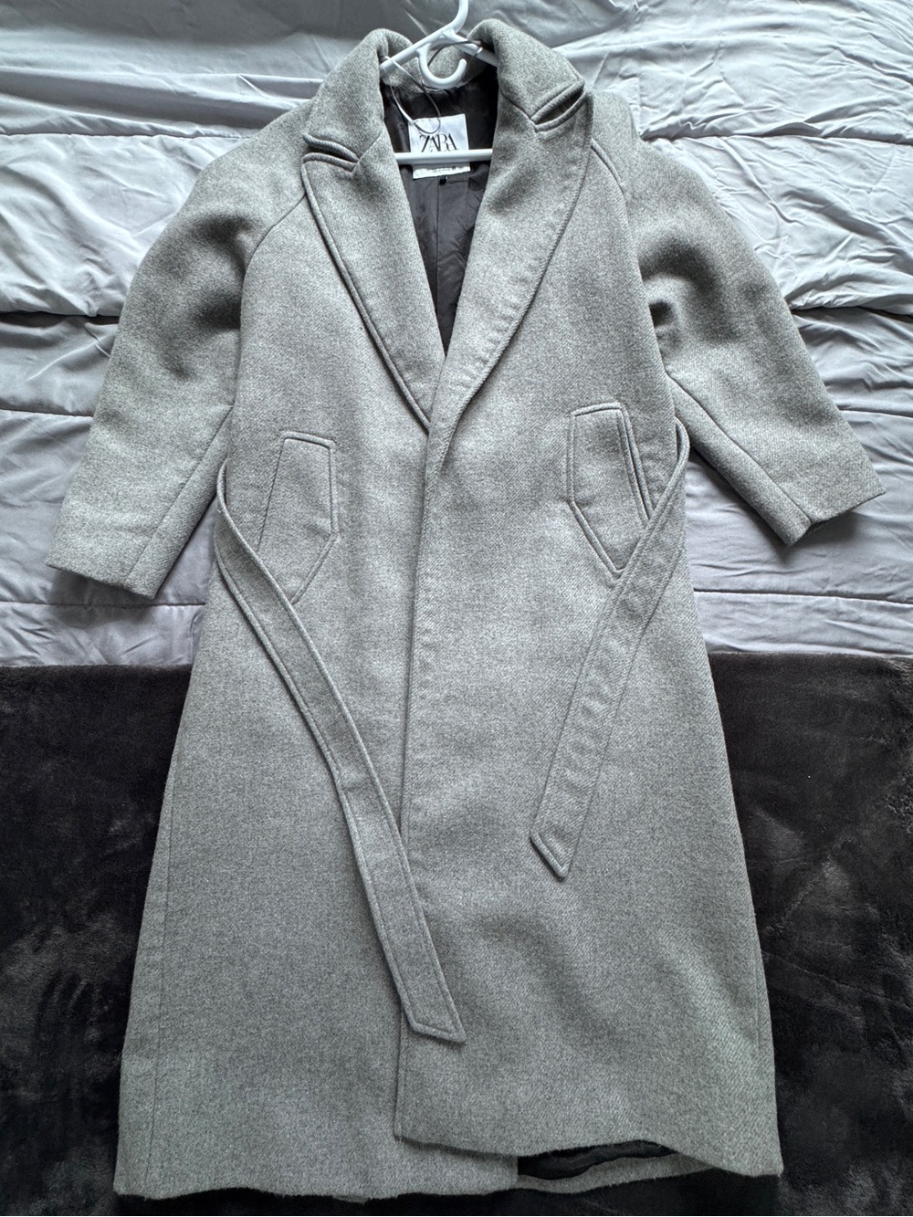 Zara Light Gray Long Belted Wool-Blend Trench Coat